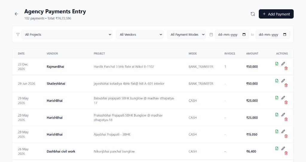 HK Tech Agency Payments Entry screen with filters and a table of vendor payments by date, project, mode and amount